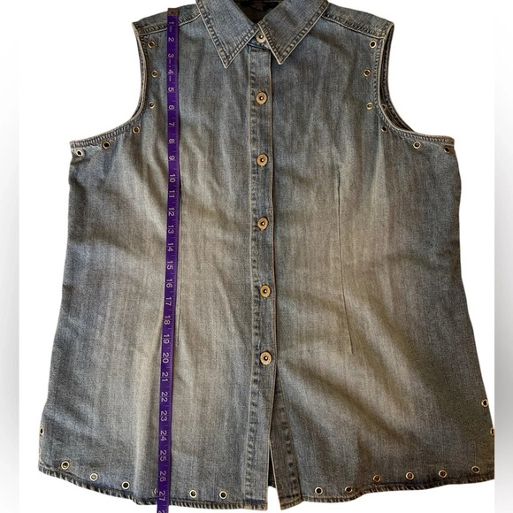 ASHLEY STEWART Vintage Cotton Grommet Trim Collard Sleeveless Button Up Blouse - Picture 8 of 11